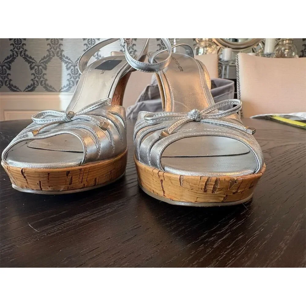 Marc Fisher Silver Metallic Women's Strappy Cork Platform Heels Size‎ 10